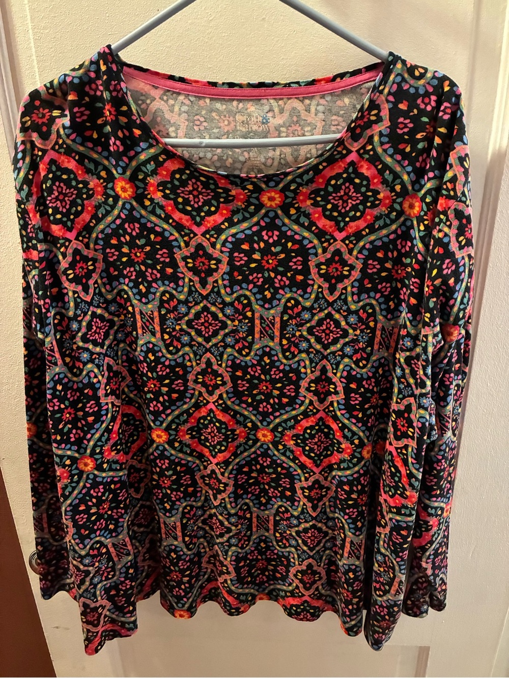 croft & barrow Black Long Sleeve Top with Pink and Multicolor Floral Medallions